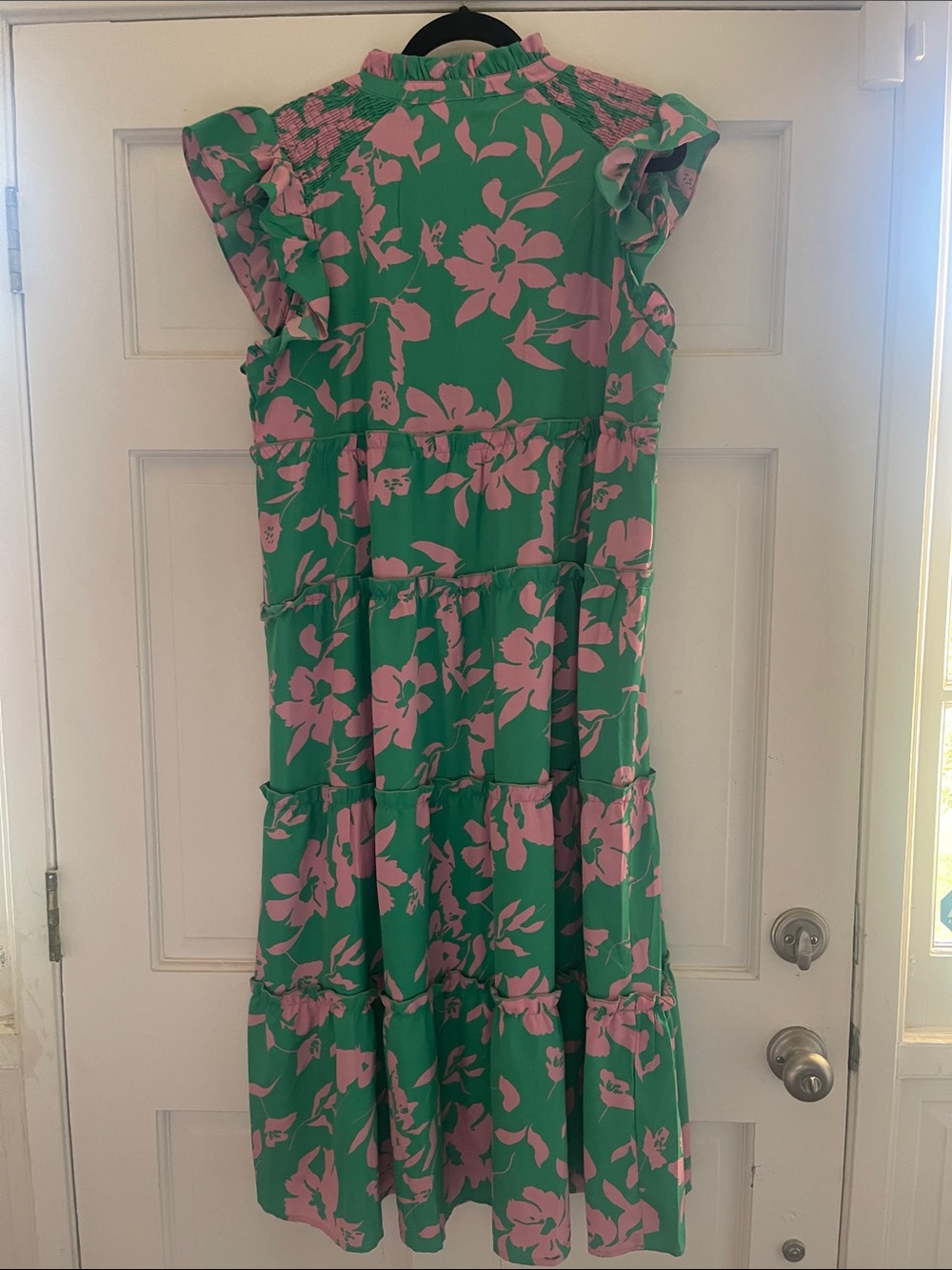Umgee Pink Floral Green Ruffled Neck Blouse - Picture 3 of 5